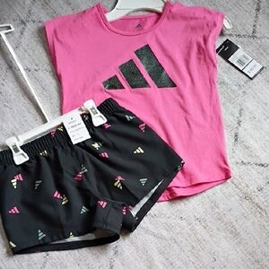 Adidas Pink Tee  Glitter and Black Shorts with Colorful Accents Girls Size 6 Nwt